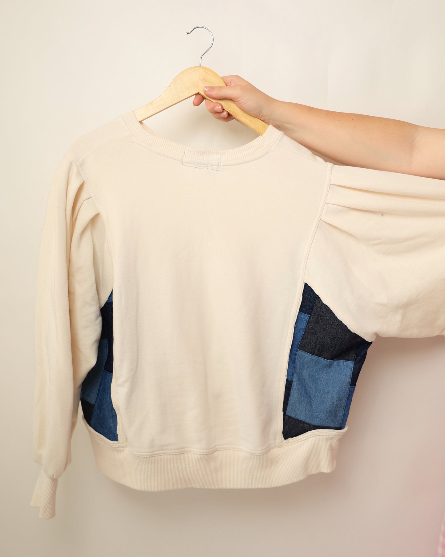 Upcycled White Sweater – Denim Patch Edition (2XL)