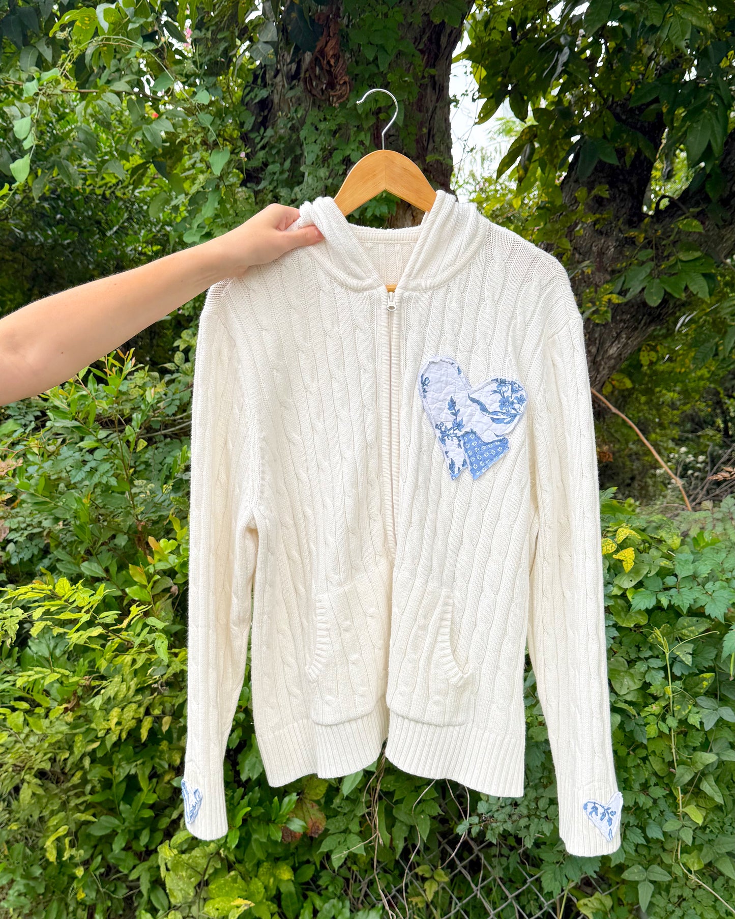 Quilted Heart Patch Knit Zip Up Jacket
