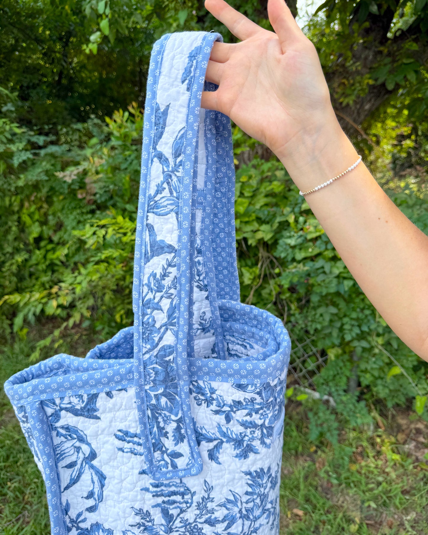 Blue Floral Quilted Oversized Tote