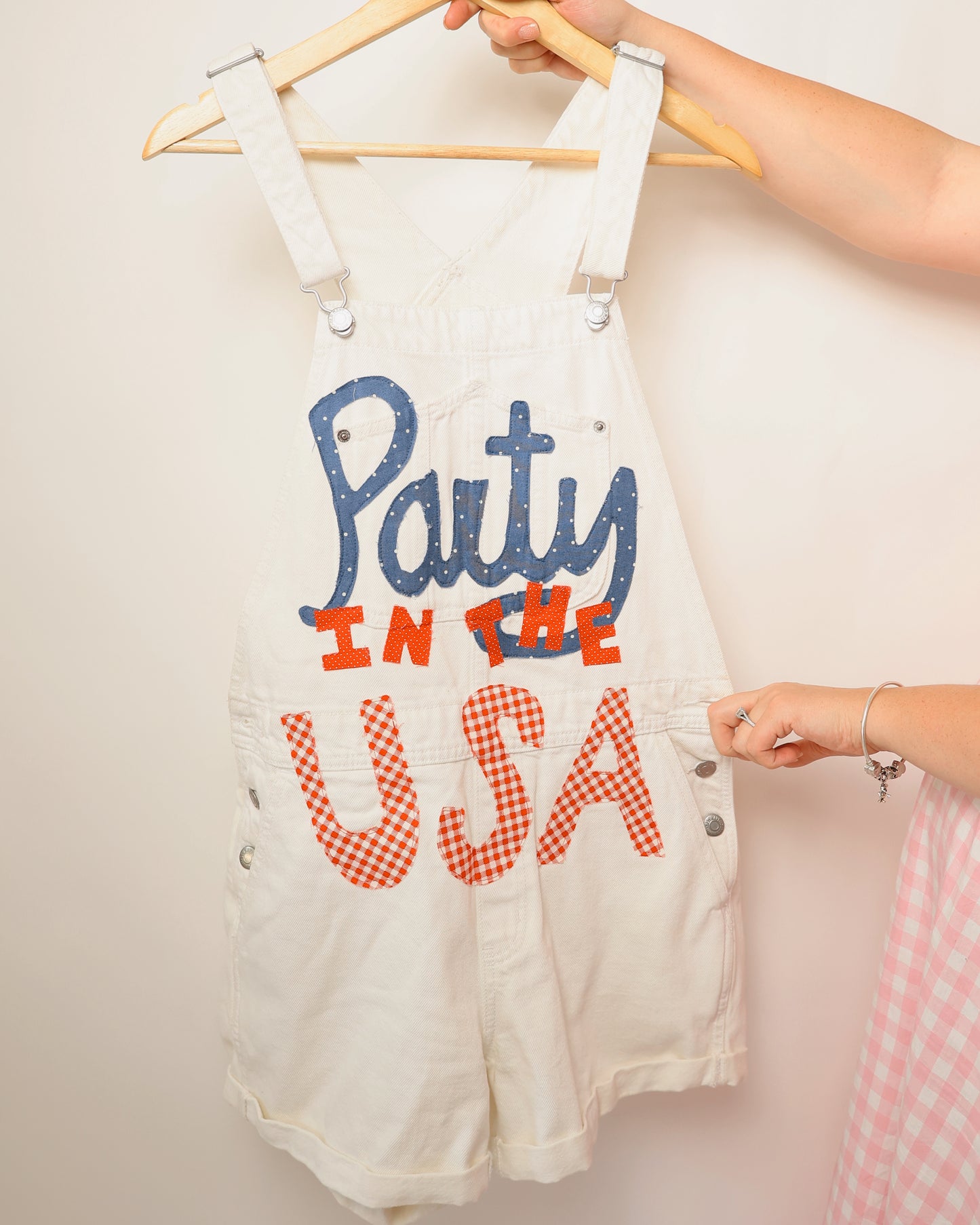 Upcycled White Overalls – Party in the USA Edition (M)