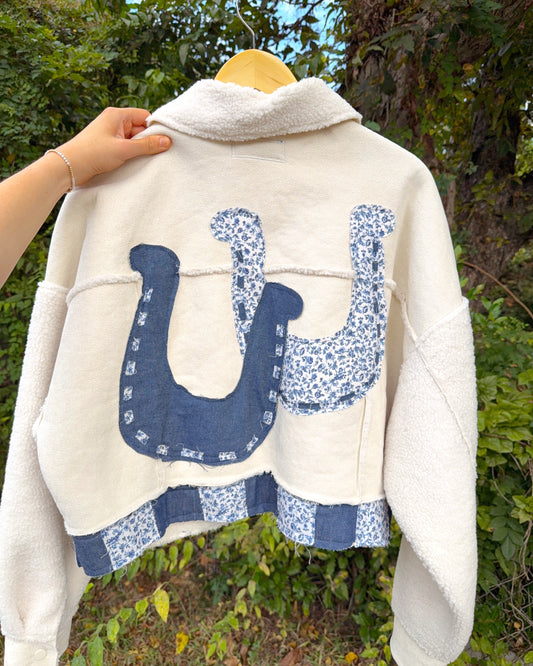 Upcycled White Jacket – Denim Horseshoes Edition (L)
