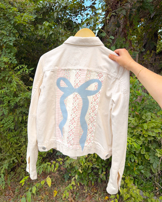Upcycled FP White Denim Jacket with Custom Bow (M)