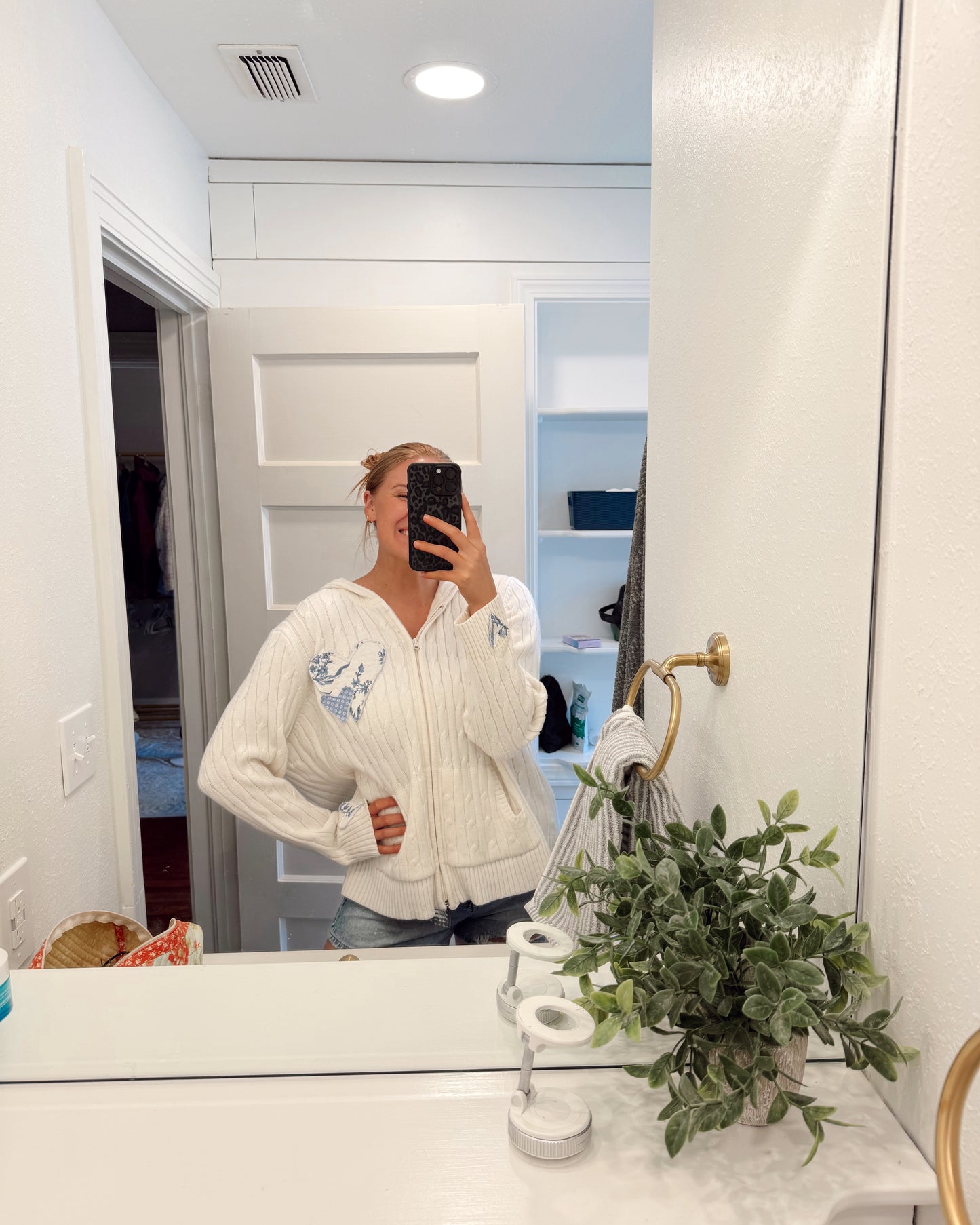 Quilted Heart Patch Knit Zip Up Jacket