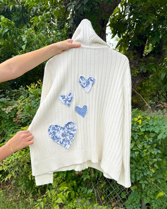 Quilted Heart Patch Knit Zip Up Jacket