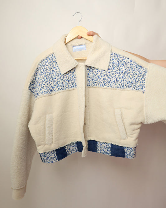 Upcycled White Jacket – Denim Horseshoes Edition (L)