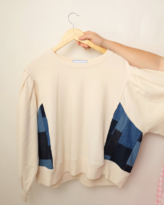 Upcycled White Sweater – Denim Patch Edition (2XL)