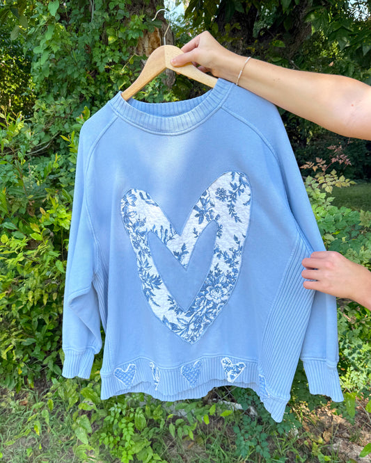 Upcycled Blue Heart Crewneck